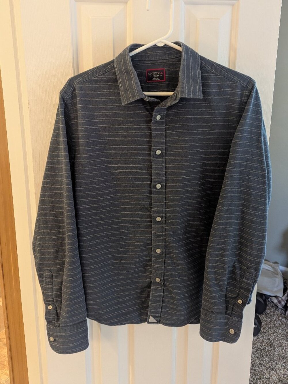 Untuckit Mens Medium Slim Blue Striped Flannel Shirt Long Sleeve